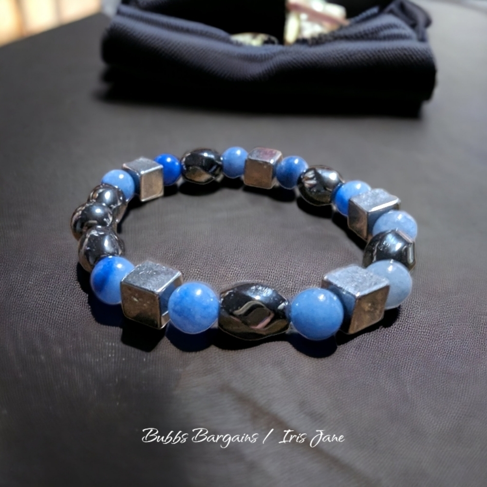 Blue Adventurine & Hematite Men's Bracelet - Natural Stone Crystals - Picture 2 of 2
